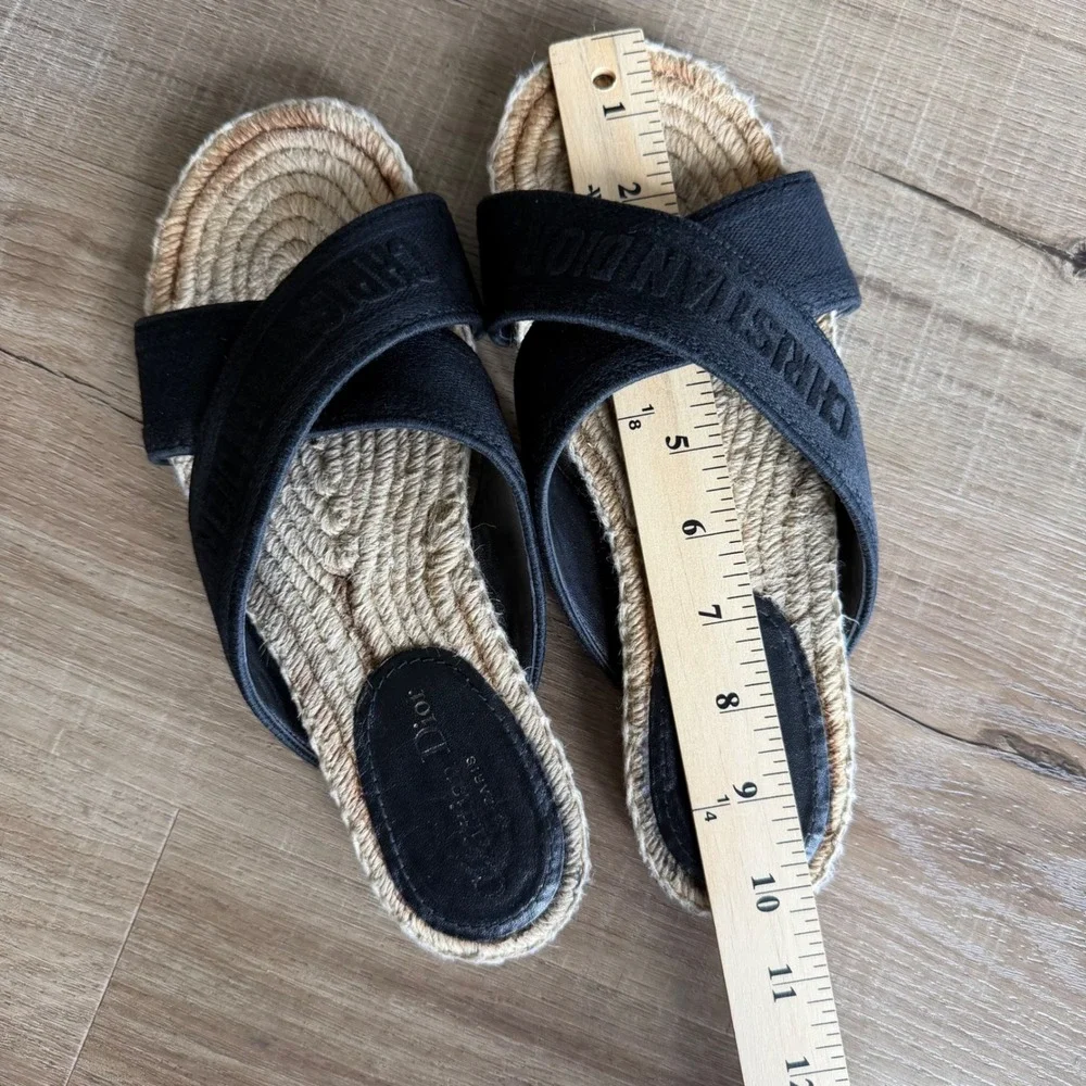 Christian Dior D-Way Espadrille Slides Black Canvas Cross Strap Sandals 37.5